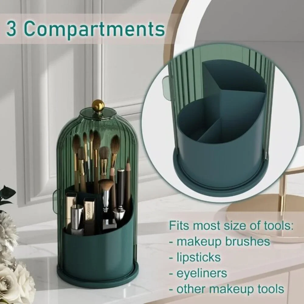 360° Rotating Makeup Brush Holder with Lid, Dustproof Vanity Organizer - Green